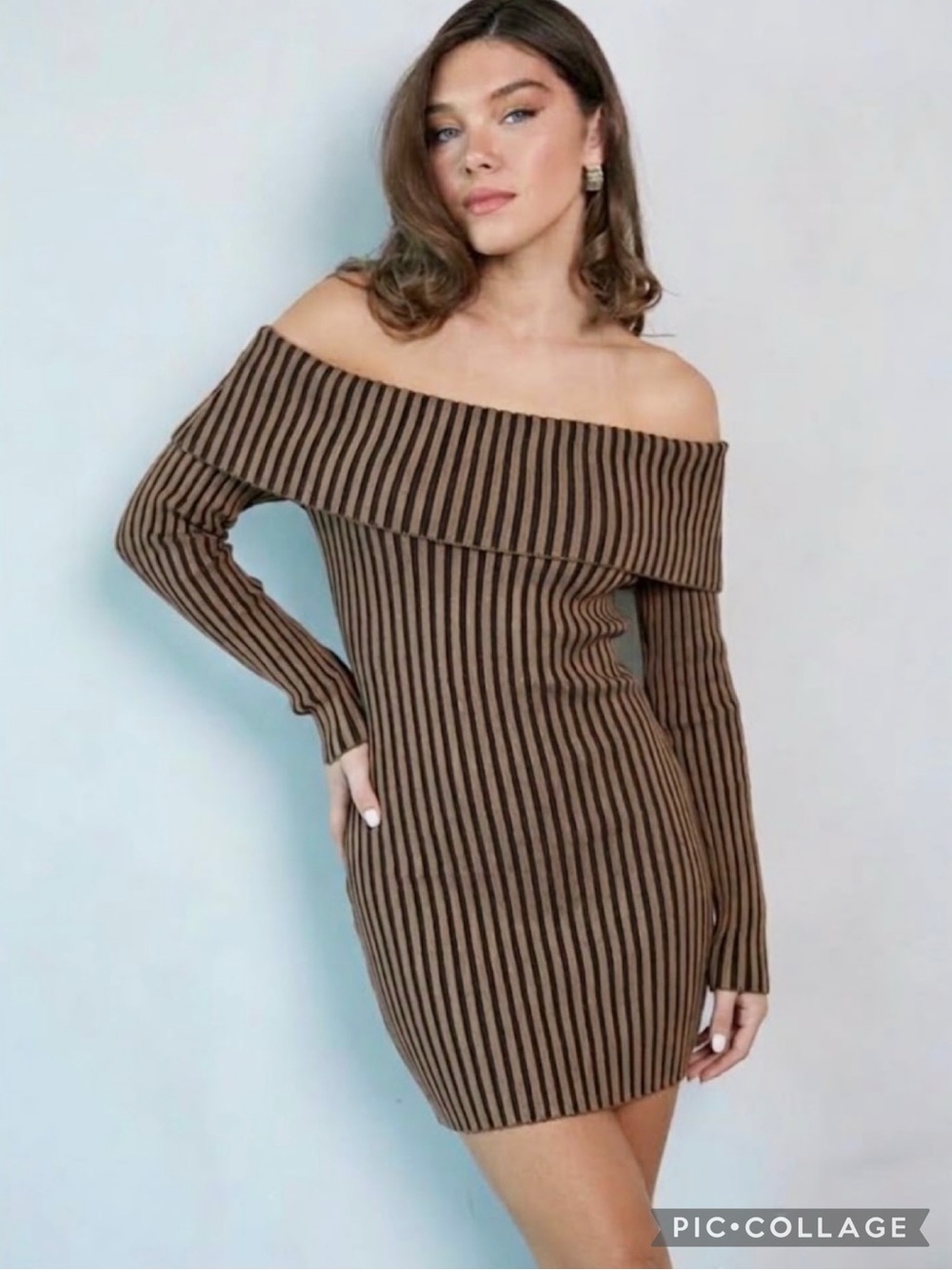 Edit by Nine Off The Shoulder Bodycon Striped Brown Black Mini Knit Dress NWT L